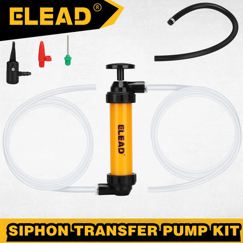 Gas siphon transfer pump kit with orange body, clear tubing, and needle valve/balloon adapters.