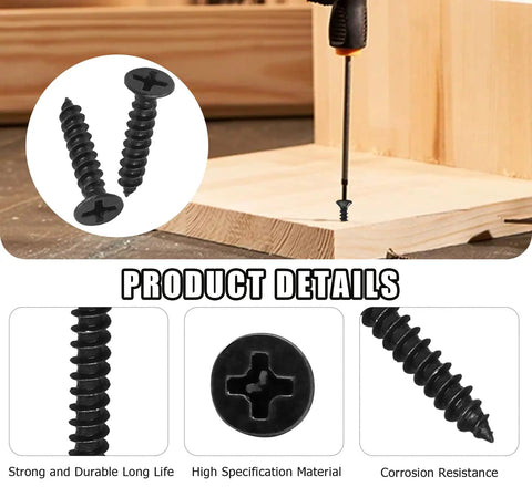 Premium Grade Six Gauge X One Inch Black Wood Screws 120 Piece Pack Carbon Steel Construction Rust Resistant Fasteners for woodworking projects.