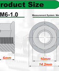 Tough As Nails M6 Serrated Flange Nuts 40 Pack 304 Stainless Steel Hex Nuts with size dimensions 6mm height and 10mm hex.