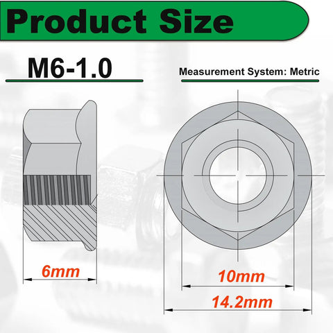 Tough As Nails M6 Serrated Flange Nuts 40 Pack 304 Stainless Steel Hex Nuts with size dimensions 6mm height and 10mm hex.