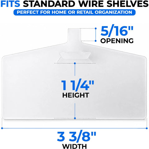 Clear Wire Shelf Label Holders 3.4 Inch Kit With Snap On Clips details shown with size fit for standard wire shelves.