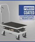 Strongway hydraulic lift table cart with white frame, black platform, 500-lb capacity, on caster wheels.