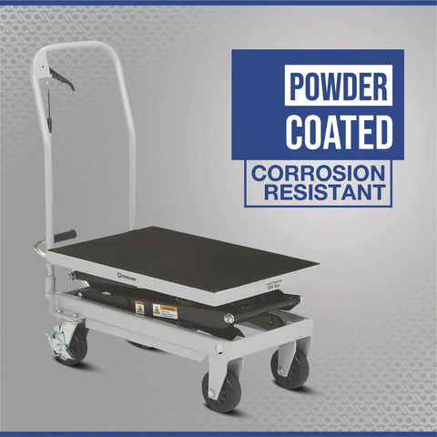 Strongway hydraulic lift table cart with white frame, black platform, 500-lb capacity, on caster wheels.