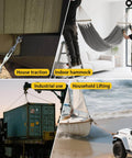 Image collage showing diverse applications of a 12.9 Heavy Duty Lifting Eyebolt For Trucks And Trailers Beefy 6 Ton Working Load Limit Thirteen Sixteenth Inch Eye Industrial Grade Forged Steel DIN580 M20 Size For Towing And Pulling Point 42CrMo Alloy Steel Forged Hardware, including house traction, indoor hammock, industrial use, and household lifting.