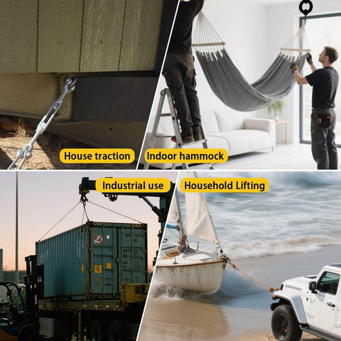 Image collage showing diverse applications of a 12.9 Heavy Duty Lifting Eyebolt For Trucks And Trailers Beefy 6 Ton Working Load Limit Thirteen Sixteenth Inch Eye Industrial Grade Forged Steel DIN580 M20 Size For Towing And Pulling Point 42CrMo Alloy Steel Forged Hardware, including house traction, indoor hammock, industrial use, and household lifting.