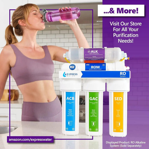 Woman drinking water next to a Three Stage Whole House Water Filter System Replacement Cartridge Pack For Clean, Safe Water Across Your Whole Home - Includes 3 High-Quality Cartridges, Easy Install, White.