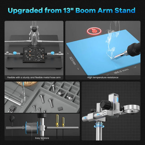 All In One Pro Grade Soldering Microscope Station With 3 Lens 10.1 Inch HDMI Digital Microscope features 13 Inch Boom Arm Stand