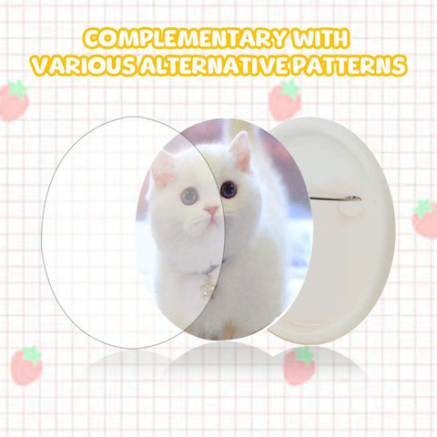 DIY Button Maker Kit With 55 Mm Pin Badges showing a cat image design on a round badge with clear cover and pin back.