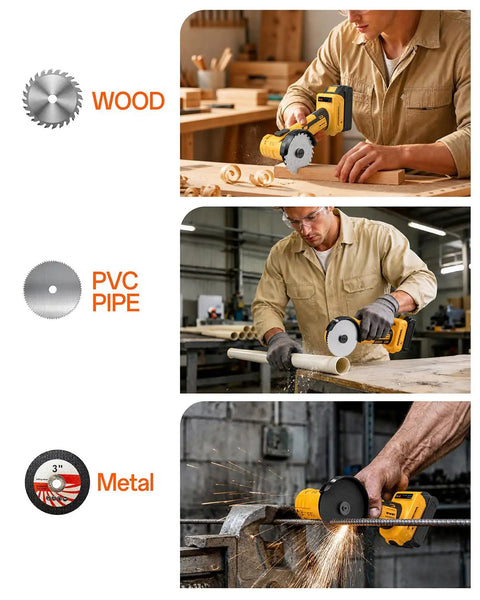 Heavy Duty Brushless Mini Circular Saw Goes Hard On Tough Stock Delivers Smooth Action Compatible With Standard 20 Volt Power Batteries Includes Six Killer Cutting Discs No Battery Or Charger Needed using for wood, PVC pipe, and metal cutting.