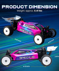 Product dimensions of Speck B Elite Brushless 1 By 24 2WD Mini RC Car RTR Buggy in Razor Magenta with size details.