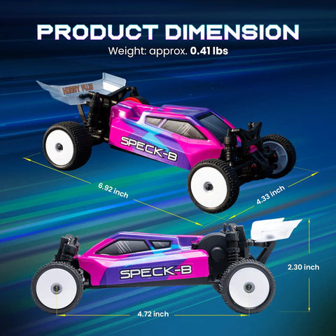 Product dimensions of Speck B Elite Brushless 1 By 24 2WD Mini RC Car RTR Buggy in Razor Magenta with size details.