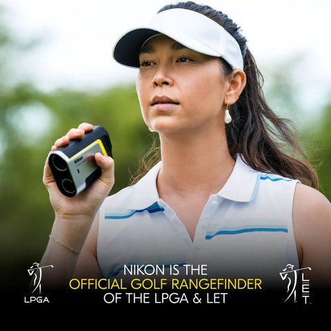 CoolShot 50i GII Golf Laser Rangefinder With Rainproof 6X Monocular Optics, Dual Locked On Quake Flagstick Detection, Continuous Scan, Magnetic Mount, Slope Adjusted Distances And Actual Distance Modes, golfer holding unit