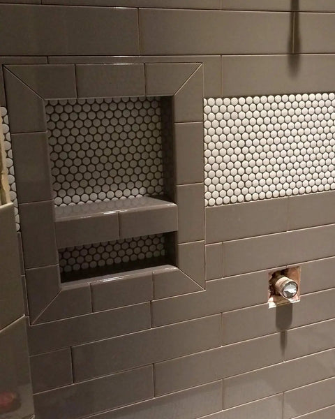 Yellow Recessed Shower Niche With Double Shelves For Shampoo And Toiletries, 16 X 20 X 4 Inch ABS Plastic Organizer in tiled wall