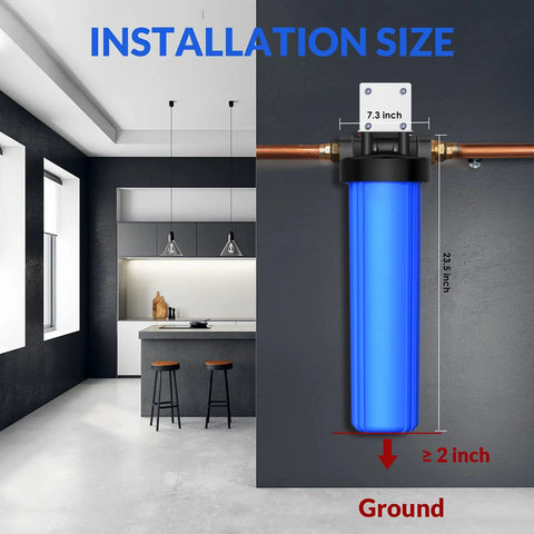 Whole House Water Filter Housing 20 Inch By 4.5 Inch Universal Pre Filtration System installation diagram in kitchen space