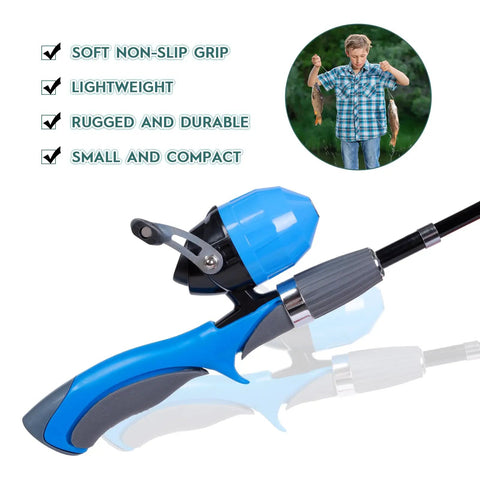 Blue rod from Two Pack Kid Friendly Fishing Pole Kit With Portable Telescopic Rod Tackle Box Nets And Buckets Outdoor Adventure Ready