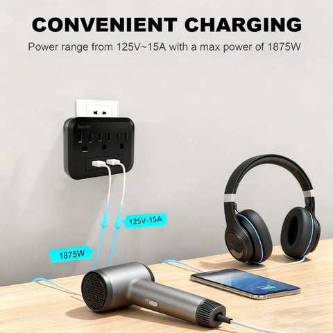 Three Outlet Wall Charger Extender With Built In Warm White LED Nightlight for travel ready home office dorm and car.