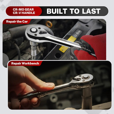 Top Shelf 3/8 Inch Drive Ratchet Wrench crafted from premium chrome vanadium steel for auto repair and bike maintenance.