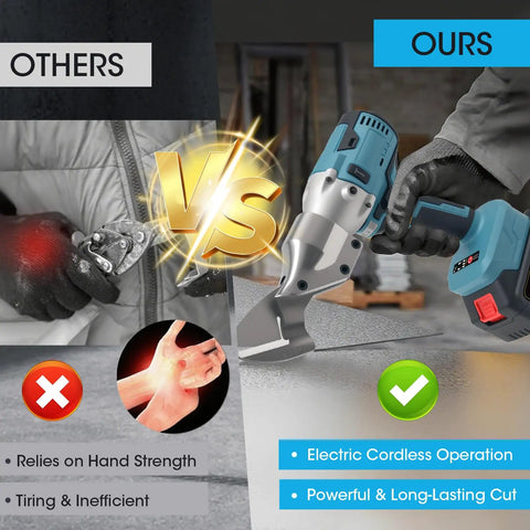 Sumumtor Brushless Cordless Metal Shears With Two 4.0Ah Batteries, 14Ga Steel Cutter in use comparing efficiency with manual tools.