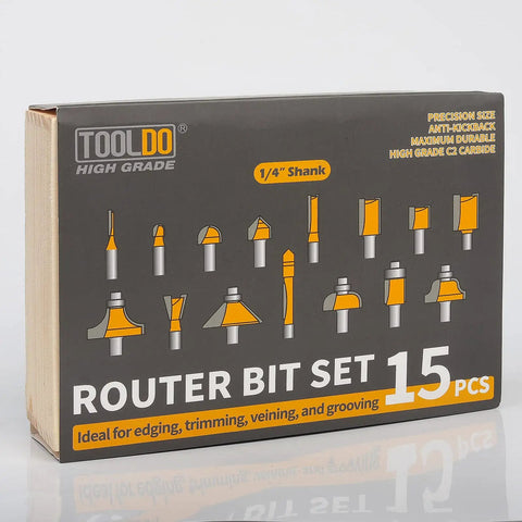 15 Pcs Router Bit Set With 1 Quarter Inch Shank High Carbide Router Bits Kit packaging in a wooden box, front view.