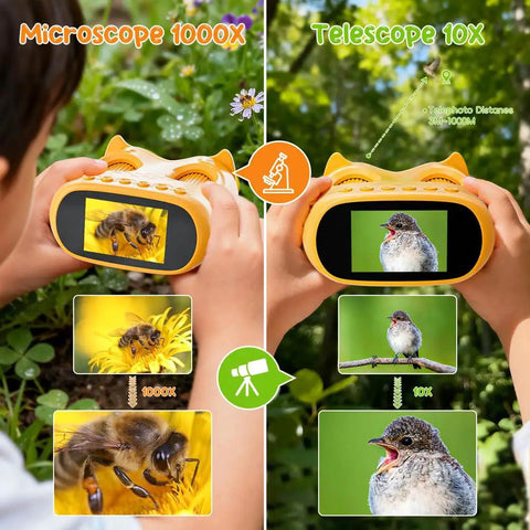 Cool 2-In-1 Kids Microscope And Telescope With 1000X Digital Zoom, HD Portable Science Toy For Ages 4-12, Learn Plants Insects And Birds, Educational Birthday Gift, Yellow held by child outdoors