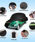 Heavy Duty Waterproof Car Cover For Your Classic Beetle Bug 1960 To 1980 2 Door Sedan Up To 167 Inches Long With 210T High Density Polyester Taffeta All Weather Outdoor Protection, shown covering a green Beetle with design features highlighted.