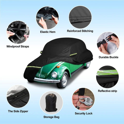 Heavy Duty Waterproof Car Cover For Your Classic Beetle Bug 1960 To 1980 2 Door Sedan Up To 167 Inches Long With 210T High Density Polyester Taffeta All Weather Outdoor Protection, shown covering a green Beetle with design features highlighted.