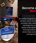 Ultimate Home Fire Safety Kit with magnet and window decal on fridge and countertop, promoting emergency awareness and readiness.