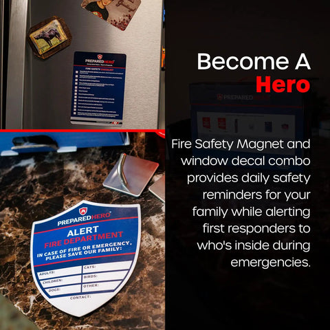 Ultimate Home Fire Safety Kit with magnet and window decal on fridge and countertop, promoting emergency awareness and readiness.