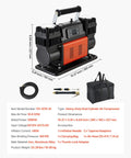 Heavy Duty Dual Cylinder Air Compressor Packed With 10.6 Cfm Quick Fill And Auto Shutoff, black and orange, with carrying bag and accessories.