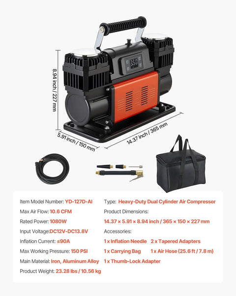 Heavy Duty Dual Cylinder Air Compressor Packed With 10.6 Cfm Quick Fill And Auto Shutoff, black and orange, with carrying bag and accessories.