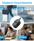 Ultra Portable Travel Power Strip with USB Ports and 4ft Extension Cord, shown with travel, cruise, office, dormitory scenarios