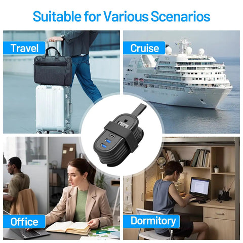 Ultra Portable Travel Power Strip with USB Ports and 4ft Extension Cord, shown with travel, cruise, office, dormitory scenarios