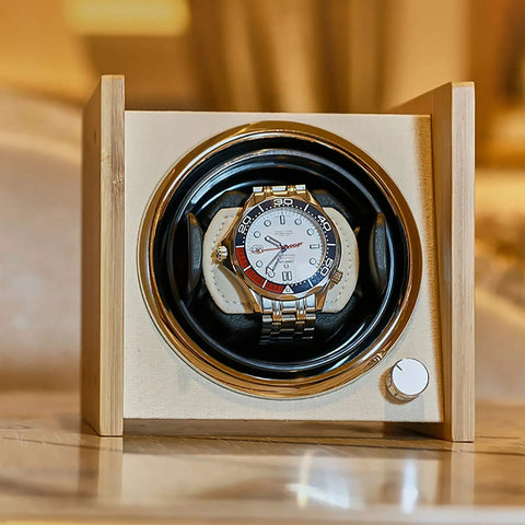 Wooden Dope Watch Winder Box For Automatic Watches, Dual Power Supply Rotating Device on nightstand with a silver watch