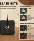 Instructions for Quartz Clock Movement Replacement Kit for Battery Powered DIY Clock Repairs showcasing brass hex nuts and hand positioning.
