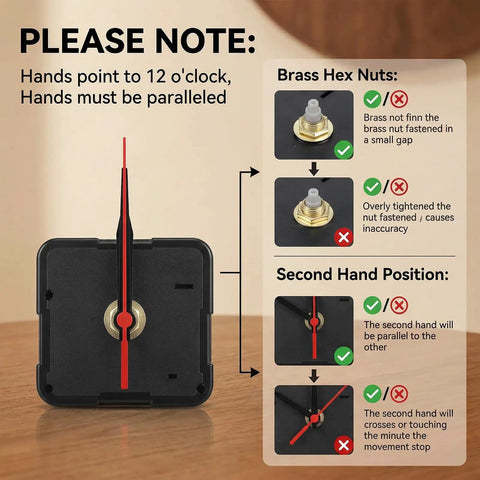 Instructions for Quartz Clock Movement Replacement Kit for Battery Powered DIY Clock Repairs showcasing brass hex nuts and hand positioning.