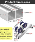 Diagram of Beefy Heavy Duty Aluminum Sliding Door Track Kit with dimensions and materials, dual wheel design, 9.5 ft length.