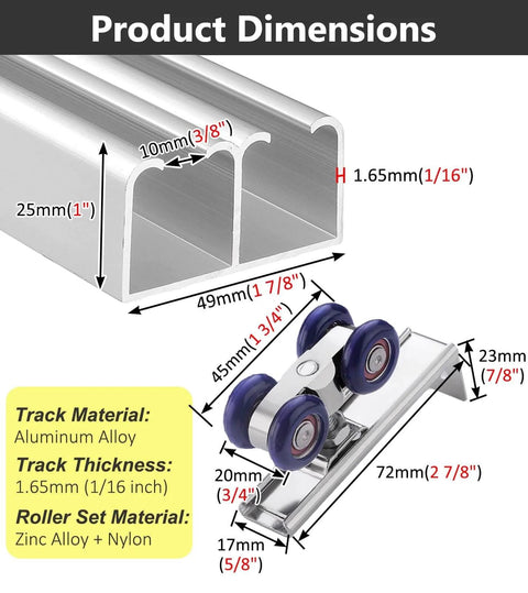 Diagram of Beefy Heavy Duty Aluminum Sliding Door Track Kit with dimensions and materials, dual wheel design, 9.5 ft length.