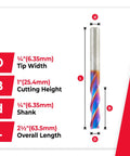 Spektra Extreme Tool Life Solid Carbide CNC Down Cut Spiral Plunge Router Bit Three Flutes For Clean Plunges And Precision Cuts One Quarter Inch Diameter One Quarter Inch Shank Two And One Half Inch Long Pro Grade Coated For Heat Resistance Built To Last, showing dimensions and blue spiral design
