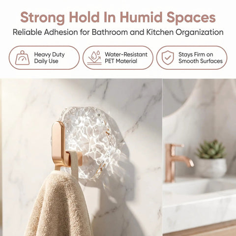 Water Ripple Hexagonal Adhesive Wall Hooks, Super Grippy No Drill Bathroom And Kitchen Organization System For Hanging Towels Keys Or Cozy Decor, Zero Mess Waterproof Setup You Will Honestly Love showing towel on wall in bathroom.