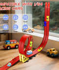 Build Anywhere Portable Race Track With Suction Cups 20 Foot Flexible Roll Up Track That Sticks On Any Smooth Surface shown with toy cars