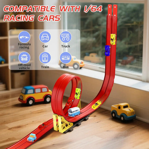 Build Anywhere Portable Race Track With Suction Cups 20 Foot Flexible Roll Up Track That Sticks On Any Smooth Surface shown with toy cars