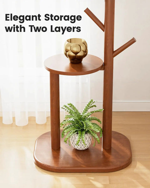 Freestanding Coat Rack With 8 Hooks And Storage Shelf, Solid Wood Base, 66.3-Inch Tall Hall Tree For Coats, Hats, And Bags