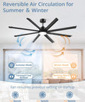 84 Inch Indoor Outdoor Ceiling Fan With Lights showing reversible airflow for summer and winter, installed in room with large window.