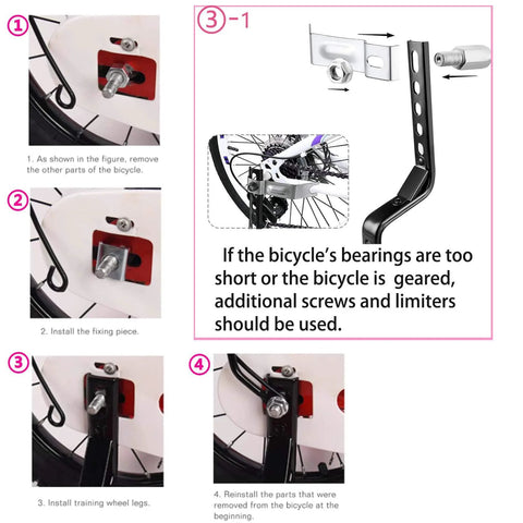 Quiet Training Wheels Kit For 12 To 20 Inch Kids Bikes schematic showing installation steps and components