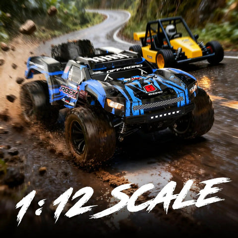 One Twelve Scale Fast RC Truck With Dual Batteries 45 KPH 4WD Off Road Monster RC Car for adults and kids racing on muddy track