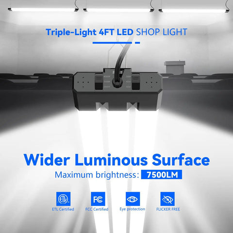 LED Shop Light Four Foot With 3CCT Selectable 4000K 5000K 6500K Adjustable 30W 40W 50W 7500 LM Ultra Bright Linkable