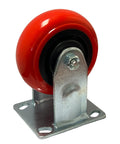 Heavy Duty 5 Inch Polyurethane Caster Set Swivel And Fixed Plate Wheels with shiny red wheel for shop carts and workbenches.