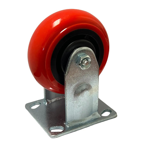Heavy Duty 5 Inch Polyurethane Caster Set Swivel And Fixed Plate Wheels with shiny red wheel for shop carts and workbenches.