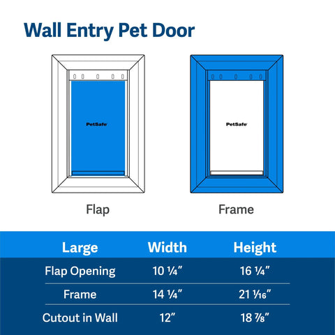 Built Damn Tough Large Dog Wall Door With Adjustable Telescoping Frame For Canines Up To One Hundred Pounds dimensions and specifications.