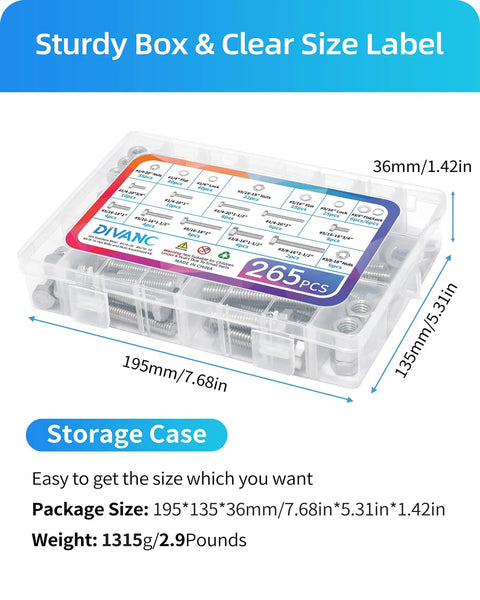 265 Piece Hex Bolt And Nut Assortment Kit Featuring 304 Stainless Steel Fasteners with box size label for easy access.